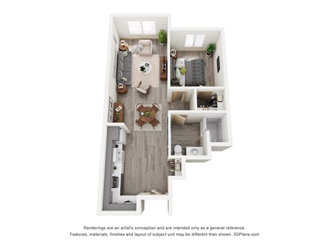 A 3D floor plan of a house with a kitchen, living room, dining room, and two bedrooms.